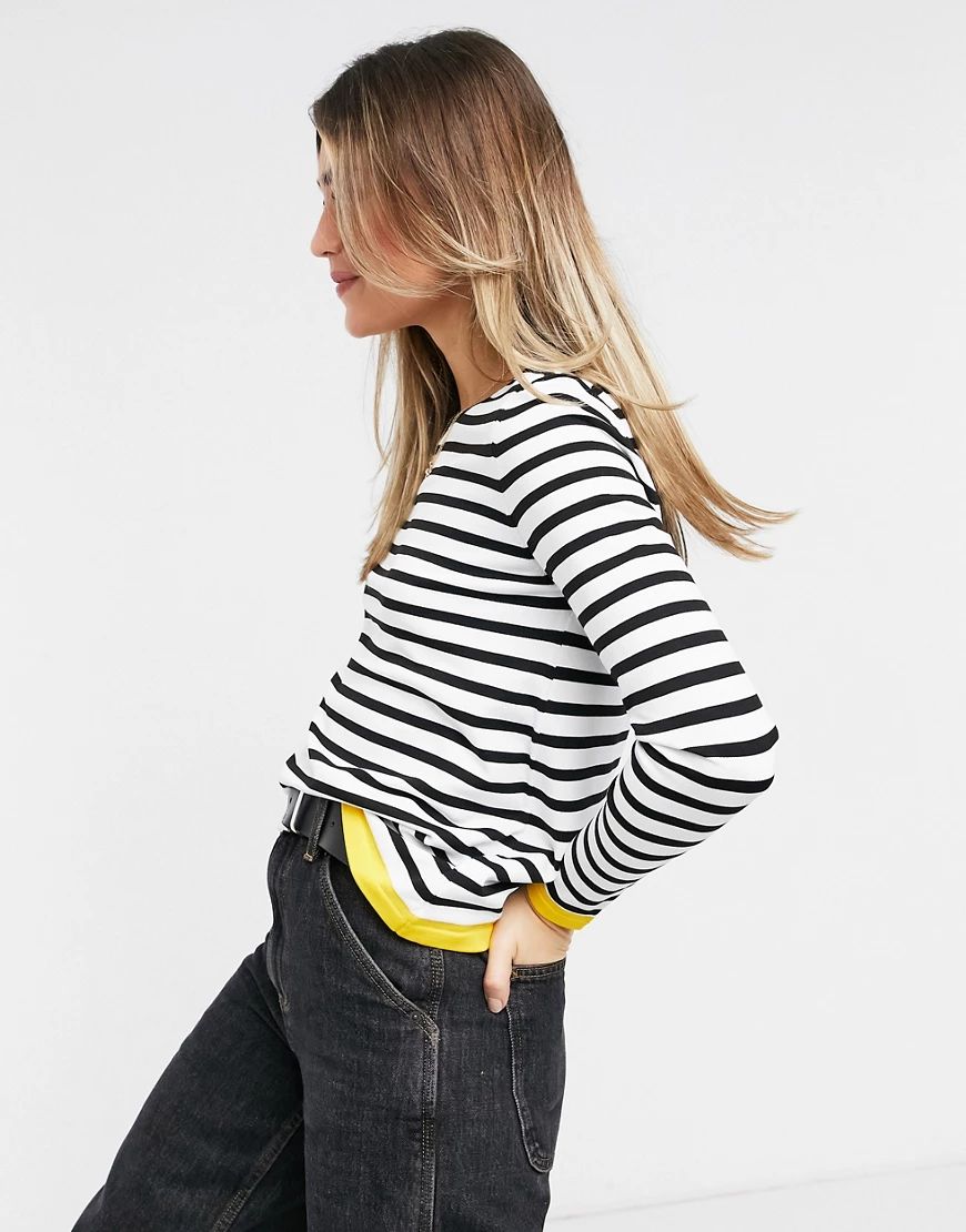 Only striped fine knit sweater with yellow trim in black and white stripe-Cream | ASOS (Global)