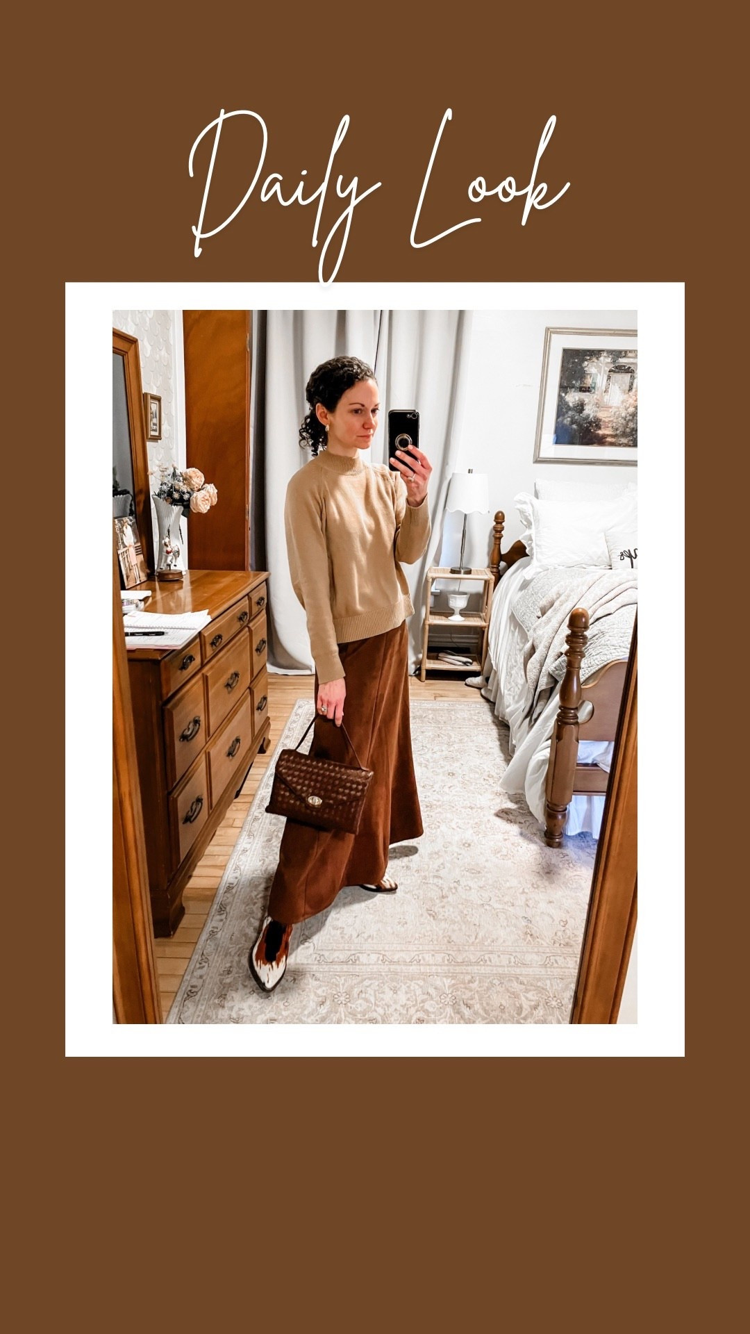 A camel and chocolate brown outfit!
Camel cotton sweater from @Quince 
Faux suede chocolate brown skirt from @Chicwish 
Gold and white topaz earrings from Peachmind. 
Brown woven handbag from Moda Luxe. 
Citrine and white sapphire ring from Nordstrom  
Calf hair boots from @Marc Nolan 
Petite outfit. Modest outfit. Neutral outfit. Chocolate brown outfit  

#LTKOver40 #LTKootd #LTKgrwm