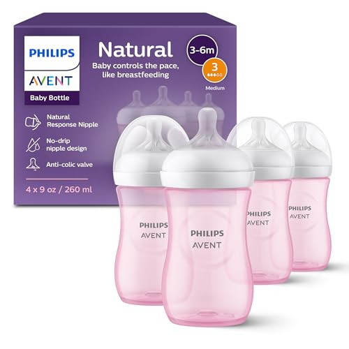 Philips Avent Natural Baby Bottles with Natural Response Nipples (Medium Flow, Flow 3), 9oz, Pink, 4-Pack, SCY903/14 | Amazon (US)