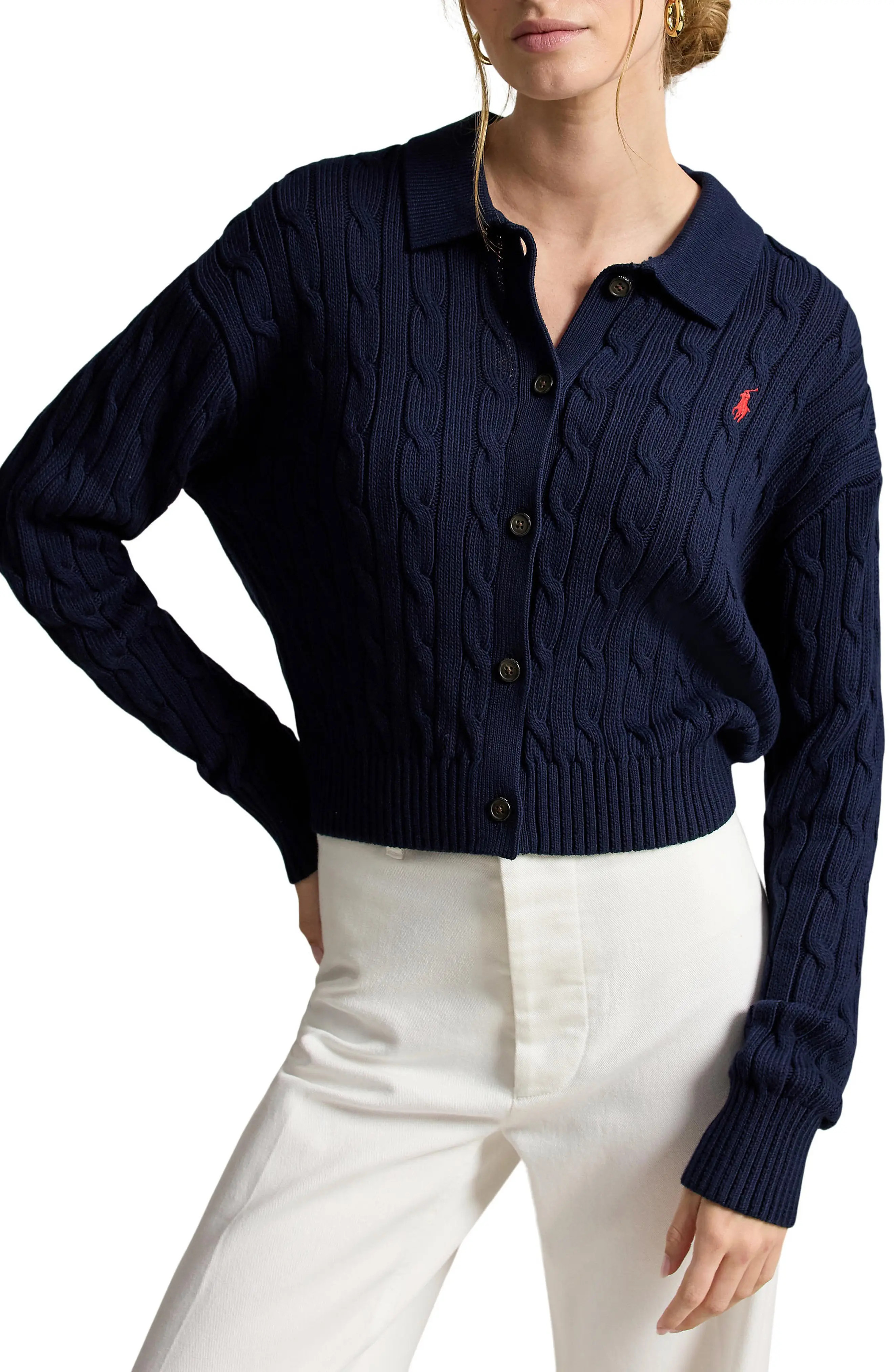 Polo Ralph Lauren Cable Cotton Polo Collar Cardigan (Women) | Nordstrom | Nordstrom