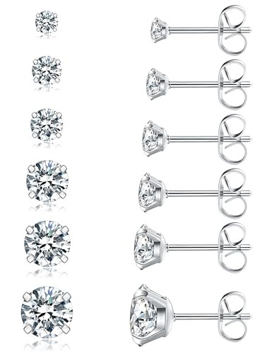 6 Pairs Stud Earrings Set, Hypoallergenic Cubic Zirconia 316L Earrings Stainless Steel CZ Earring... | Amazon (US)
