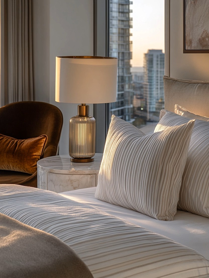 Create this beautiful, elegant, and refreshing bedroom look with just a few intentional design choices. Soft striped bedsheets instantly add texture and visual calm, while a bold velvet chair in a warm taupe tone brings depth and quiet luxury to the space. Finish the look with a sculptural table lamp that casts a soft, ambient glow—perfect for winding down at night or waking up with natural light in a high-rise bedroom.

These three elements alone can completely elevate your bedroom without a full redesign. A round marble side table is optional, but it adds an extra layer of polish if you want to lean into a more refined, modern aesthetic. Simple, timeless, and effortlessly elegant.

#BedroomDecorIdeas #ModernBedroomStyle #QuietLuxuryHome 

 #LTKHome