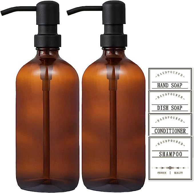 GMISUN 16oz Amber Glass Soap Dispenser with Rustproof Matte Black Stainless Steel Pump and Labels... | Amazon (US)