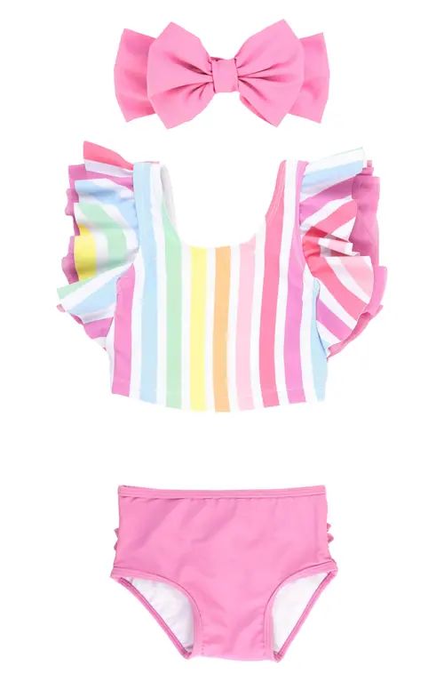 RuffleButts Rainbow Orchid Two-Piece Swimsuit & Bow Headband Set in Pink at Nordstrom, Size 5 | Nordstrom