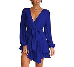 Albe Rita Women's Dress Deep V-Neck Long Sleeve Waist Tie Ruffle Mini Swing Skater Homecoming Dre... | Amazon (US)