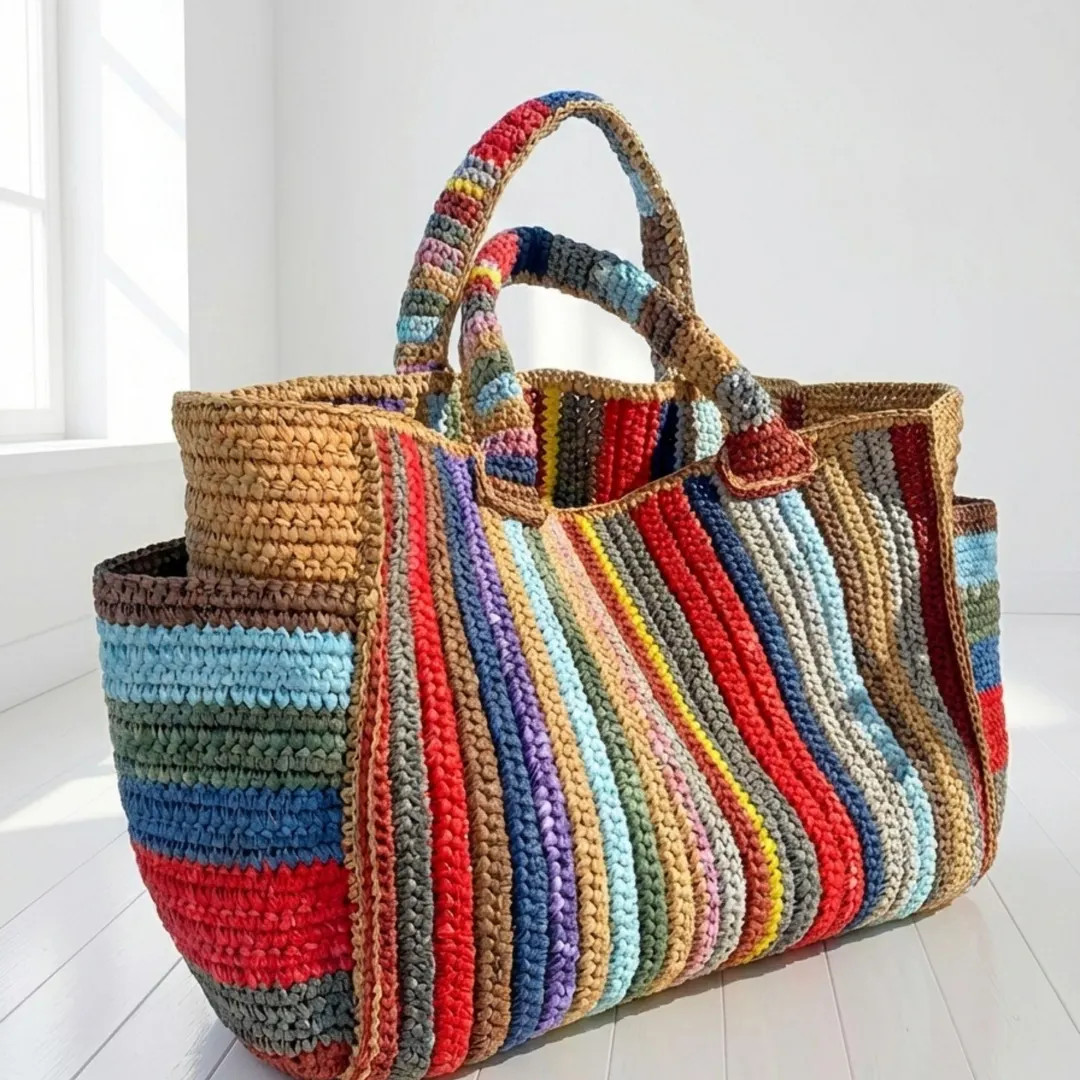 Handmade Rainbow Striped Paper Yarn Crochet Tote Bag, Colorful Boho Market Bag, | Etsy (US)
