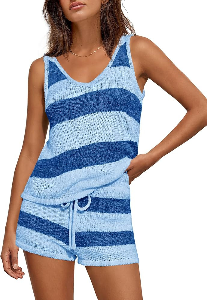 Yanekop Womens Striped Lounge Set 2 Piece Short Set Summer Sweater Sets Beach Vacation Outfits Ta... | Amazon (US)