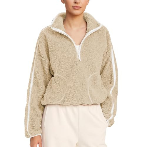 Ainangua Fuzzy Fleece Jacket women Loose Sherpa Quarter-Zip Pullover Winter Warm Oversized Sweatshirt with Pockets(Khaki,M) | Amazon (US)