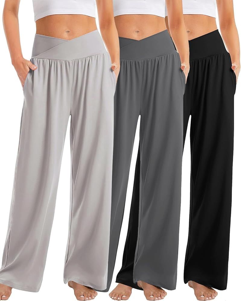3 Pack Womens Wide Leg Yoga Pants Crossover High Waisted Casual Loose Lounge Sweatpants with Pock... | Amazon (US)