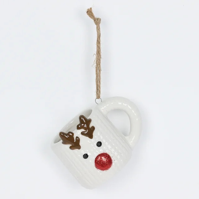 White, Brown and Red Ceramic Reindeer Mug Christmas Ornament, 3.5 in, by Holiday Time | Walmart (US)