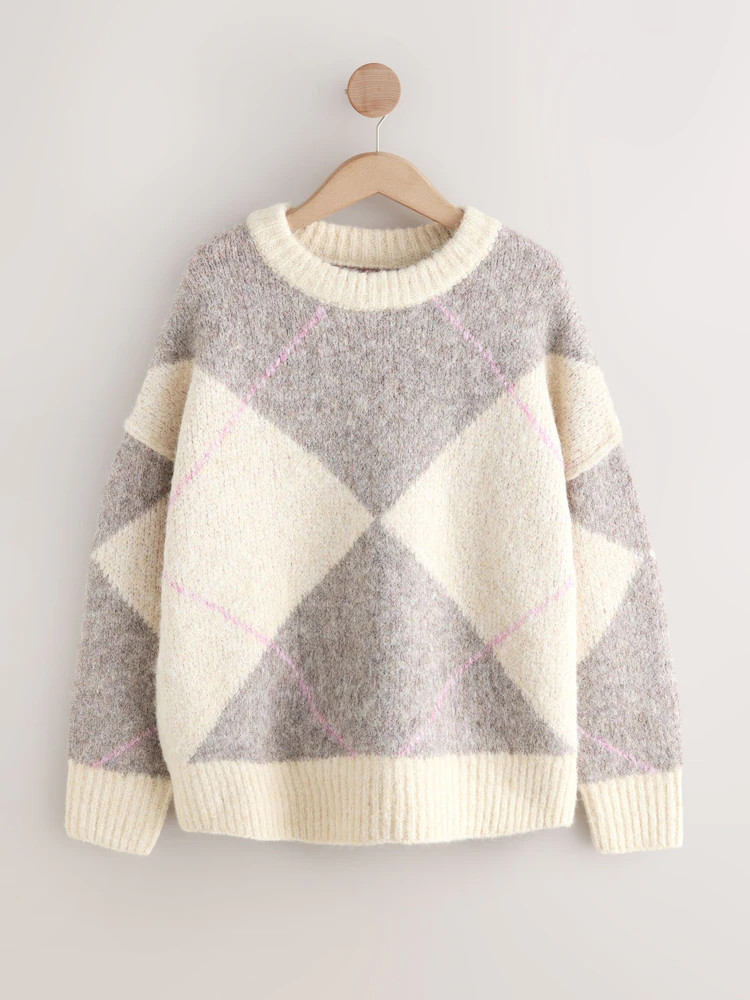 Oatmeal/ Mink Brown Argyle Argyle Knitted Crew Neck Jumper | Next US