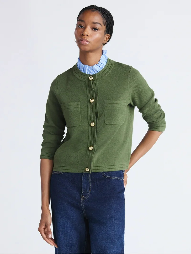 Free Assembly Women's and Women's Plus Ruffle Neck Chest Pocket Cardigan, Sizes XS-4X | Walmart (US)