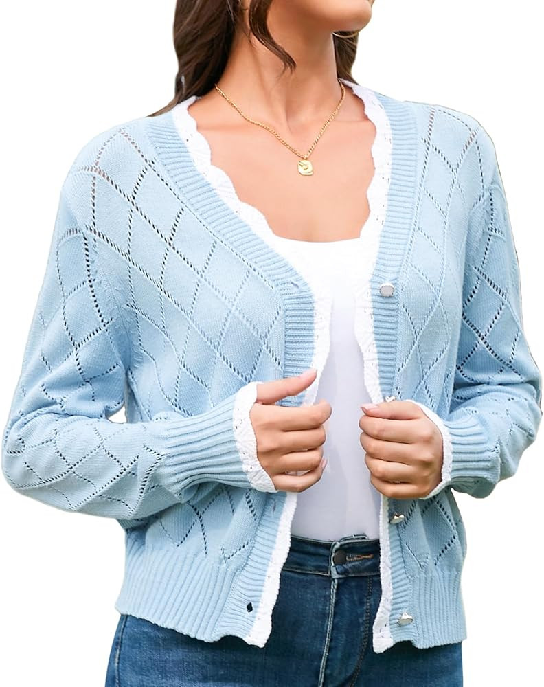V FOR CITY Crochet Cardigan for Women Cropped Sweater Scalloped Sleeve V Neck Shrugs Trimmed Pear... | Amazon (US)