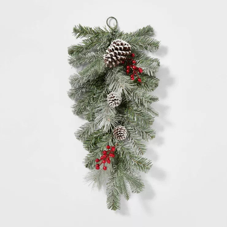 28" Unlit Flocked Pine Artificial Christmas Swag with Glittered Pinecones & Berries - Won... | Target
