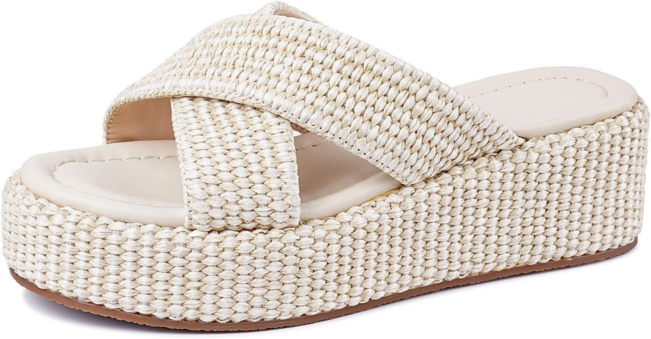 DREAMSTORY Women's Platform Sandals Round Toe Slip On Raffia Espadrilles Wedge Slides Comfortable... | Amazon (US)