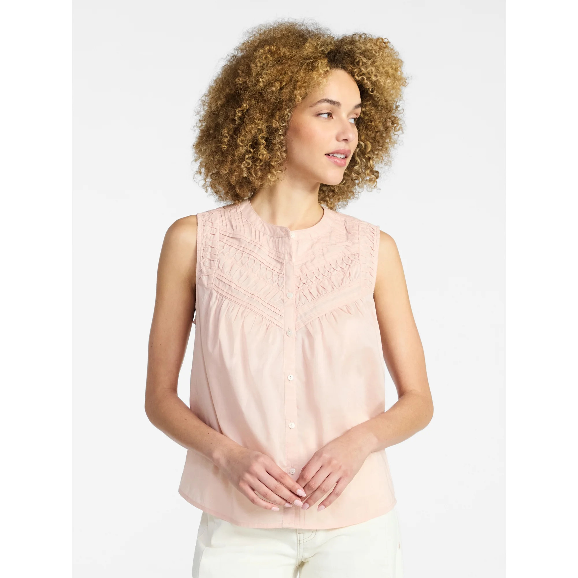 Time and Tru Women’s Pleated Cotton Sleeveless Top, Sizes XS-XXXL | Walmart (US)