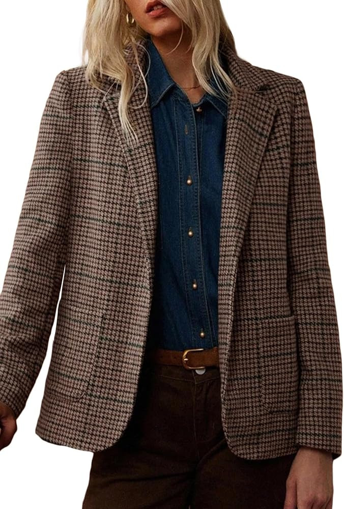 Mina Self 2025 Fall Winter Women's Houndstooth Blazer - Work Casual Fully Lined Plaid Office Jack... | Amazon (US)