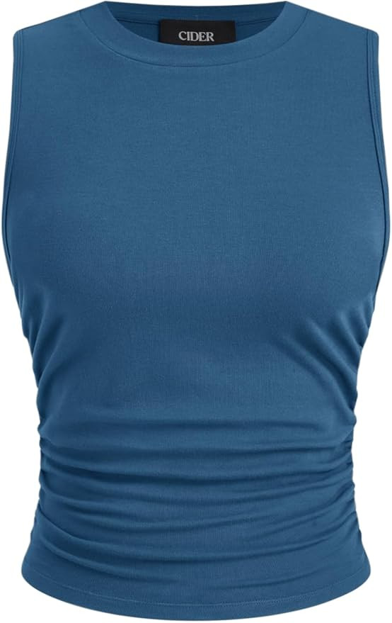 CIDER Womens Tank Tops Sleeveless High Neck Ruched Crop Tops Going Out Casual Basic Ribbed Shirt ... | Amazon (US)