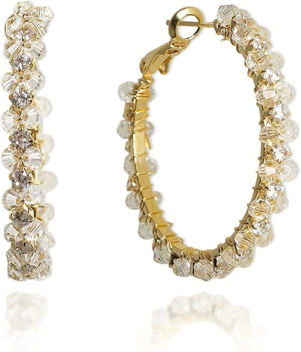 Sonateomber Chunky Gold Hoop Huggie Earrings for Women Girls – Large Sparkly Rhinestone Crystal... | Amazon (US)