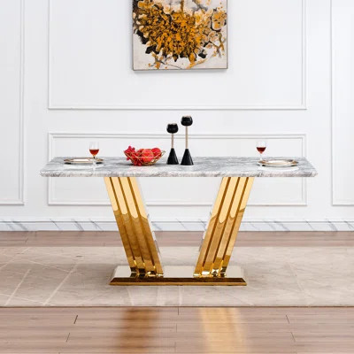 Modern 70'' Rectangle Faux Marble Table With Mirrored Finish, Stainless Steel Base, Grey And Gold, Suitable For Home Decor 70" Top Dining Comfortable | Wayfair North America