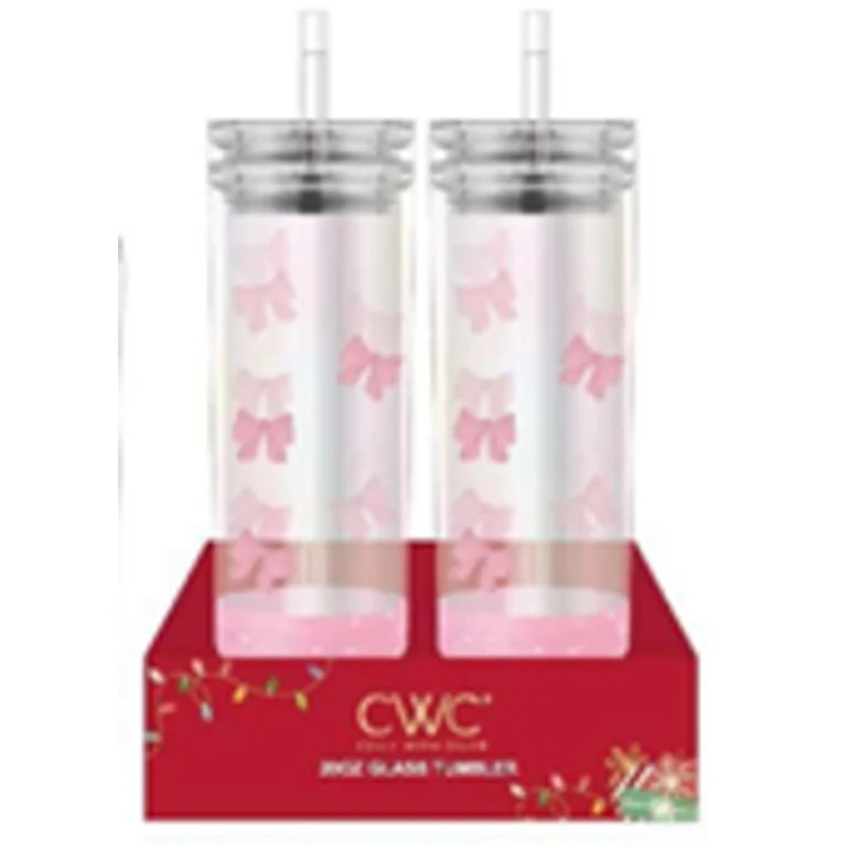 Cook With Color 2-Pack 20oz Glass Holiday Water Bottle with Lid & Straw, Pink Bows | Walmart (US)