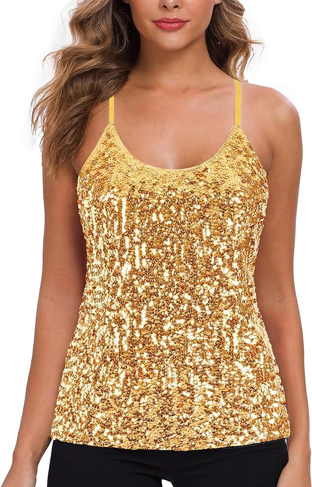 MANER Women’s Sequin Tops Glitter Party Strappy Tank Top Sparkle Cami | Amazon (US)