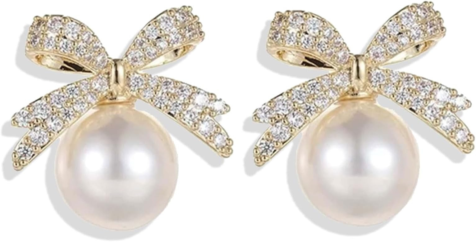 Pearl Bow Earrings Dainty Bow Earrings Rhinestone Bow Stud Earrings Pearl Statement Earrings for ... | Amazon (US)