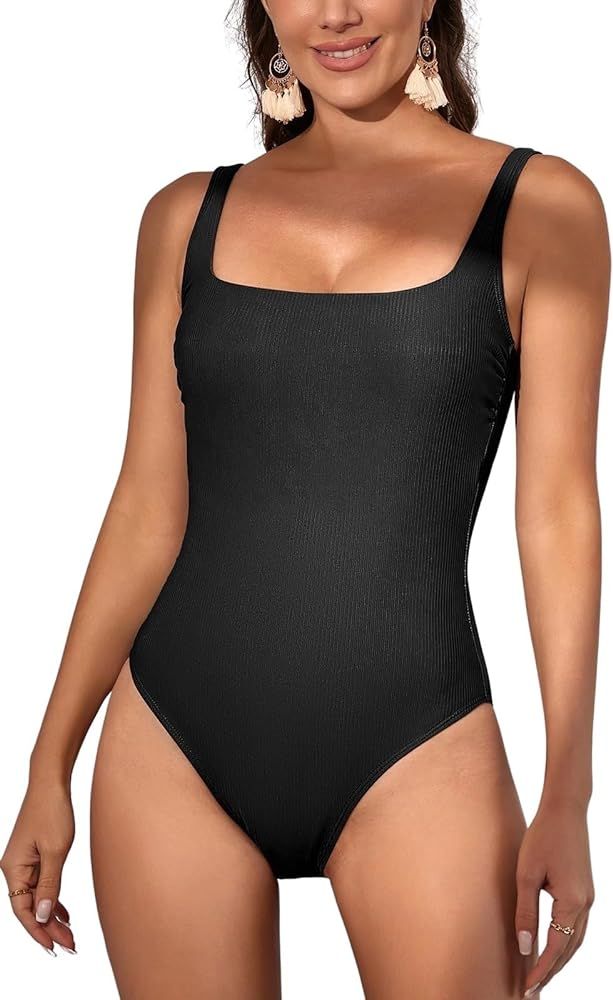 Eomenie Women's One Piece Swimsuits Ribbed Tummy Control Bathing Suit Slimming Square Neck 1 Piec... | Amazon (US)