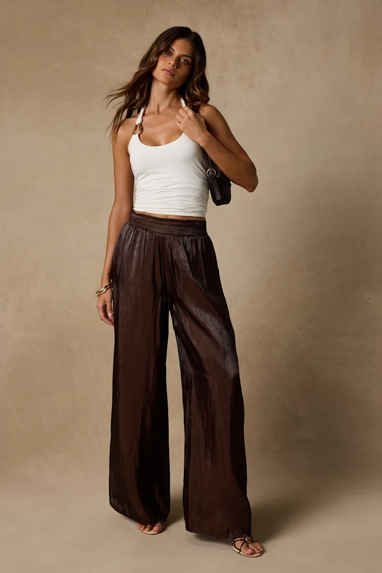 Cynthia Dark Brown Satin Wide-Leg Pants | Lulus