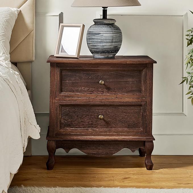 HULALA HOME Wood Nightstand with Charging Station Space, Bedside Table 2 Drawer Dresser with Draw... | Amazon (US)