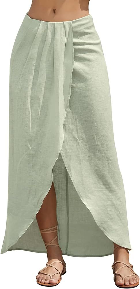 Amazhiyu Womens Pure Linen Asymmetrical High Waist Slit Maxi Draped Skirt Summer Green, Small | Amazon (US)
