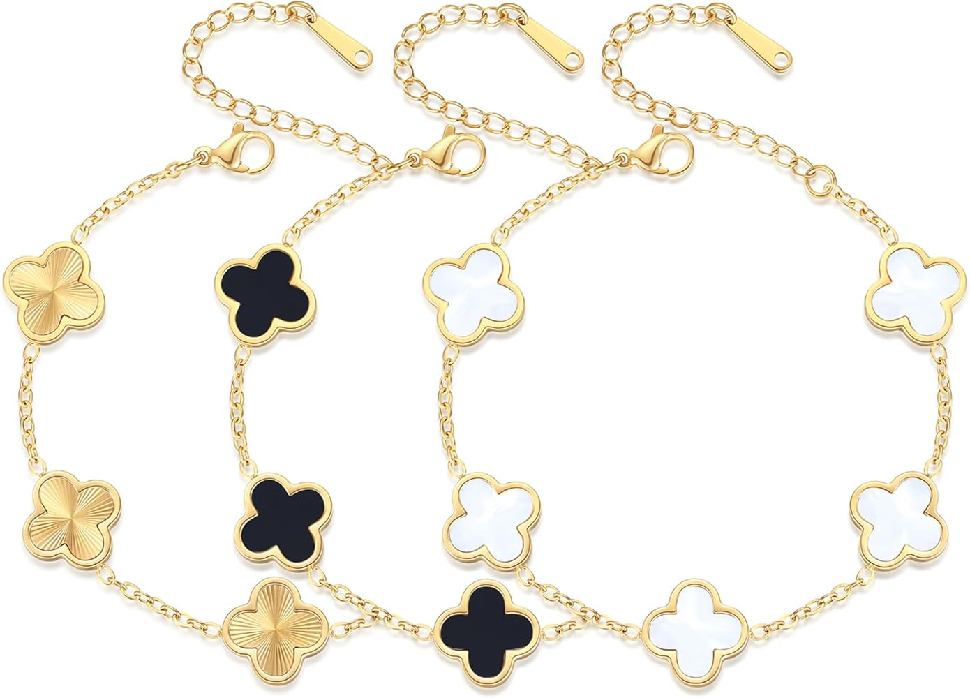 18K Gold Plated Clover Bracelet Set for Women White Black Gold Silver Adjustable Link Double-Side... | Amazon (US)