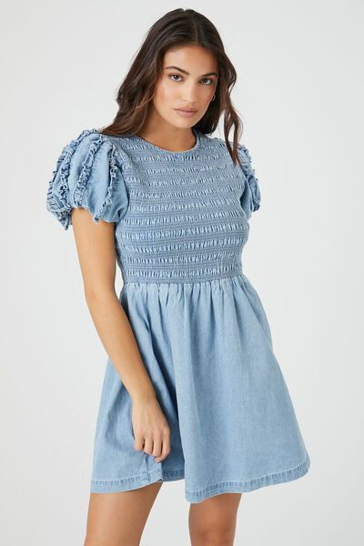 Denim Puff-Sleeve Babydoll Mini Dress | Forever 21