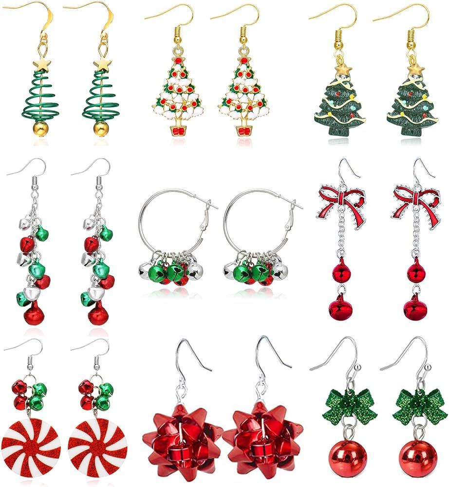 9 Pairs Christmas Earrings for Women Holiday Earrings for Girls Bow Tree Snowflake Earrings… | Amazon (US)