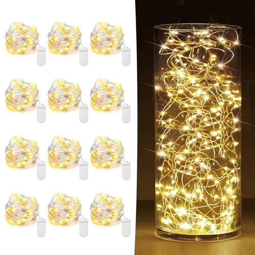 12 Pack Fairy Lights Battery Operated 7ft 20 LED Mini String Lights Twinkle Lights Silver Wire Firefly Starry Lights for Mason Jars Wedding Party Christmas Centerpiece Table Decorations, Warm White | Amazon (US)