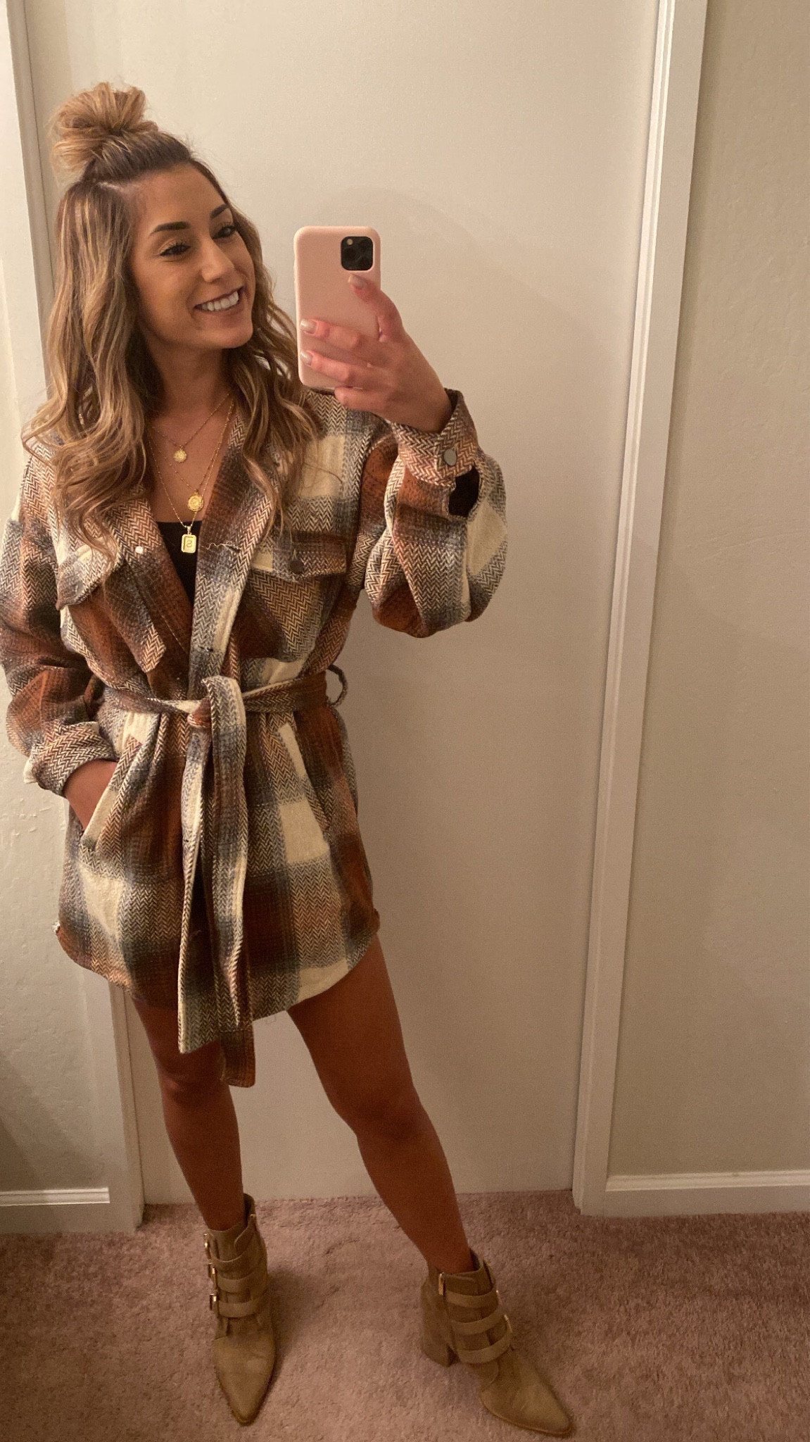 Love a shacket for fall, winter, spring. I wore this as a dress here but also looks cute with jeans or leggings. I got it from
vici but doesn’t seem like they have it in stock anymore so I liked some others that I really like. Plus they’re having a great sale right now! I wear these UJ necklaces all the time, all in gold to match the gold accent on these perfect booties! 

#LTKfindsunder100 #LTKstyletip #LTKSpringSale