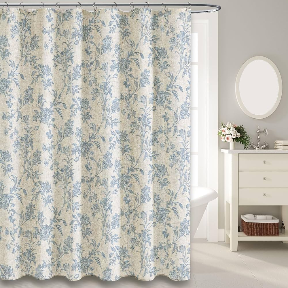 Blue Shower Curtain Floral Cotton Linen Cottagecore Shower Curtain for Bathroom 72" W x 72" L | Amazon (US)
