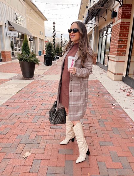 20% off this outfit from Abercrombie - mock neck sweater dress (bump friendly) and plaid dad coat. Both run true to size (wearing S). Styled with Schutz Analeah cream boots

#LTKGiftGuide #LTKsalealert #LTKSeasonal