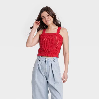 Women's Openwork Sweater Tank - Universal Thread™ Red S: Cotton, Lightweight, Asymmetrical Neckline, Ribbed Hem, Sleeveless | Target