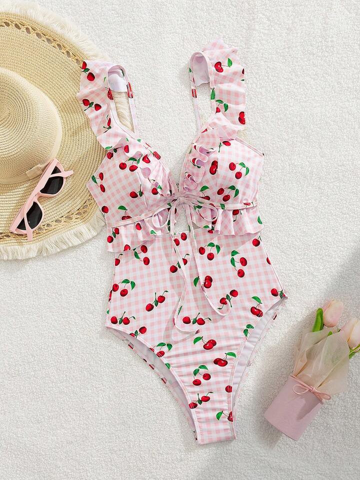 Swim Mod Summer Vacation Sexy Cherry Ruffle Hollow Back One-Piece Swimsuit For Women | SHEIN