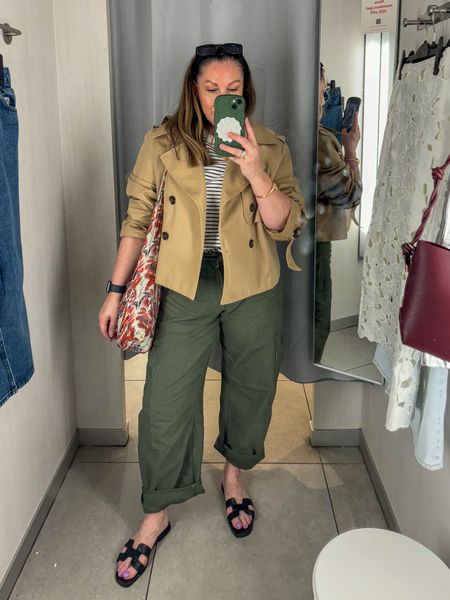 I am fully aware that the shoes don’t go but I just had a pedicure and had to change ! Cropped trench. Cargo pants. Slides. Sandal season. Striped tee. 

#LTKmidsize #LTKover40 #LTKstyletip