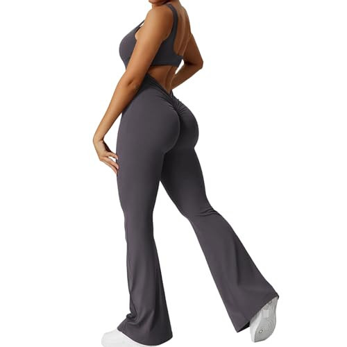 One Piece Workout Jumpsuits for Women Sexy Backless V Back Scrunch Butt Yoga Rompers Tummy Control Sleeveless Jumpsuit Dark Gray | Amazon (US)