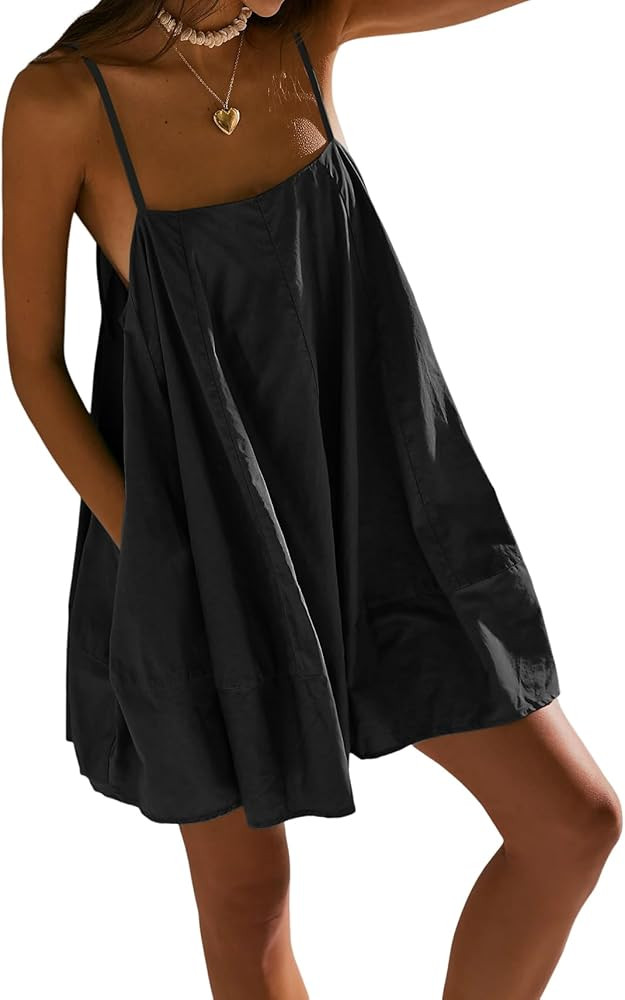 Fisoew Womens Oversized Spaghetti Strap Mini Dress Sleeveless Flowy Casual Summer Dresses | Amazon (US)