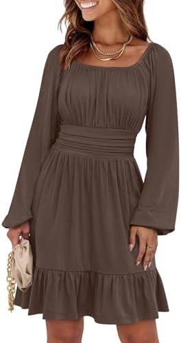 ANRABESS Womens Dress Long Lantern Sleeve Square Neck Elastic Waist Ruffle Flowy Swing A-Line Sho... | Amazon (US)