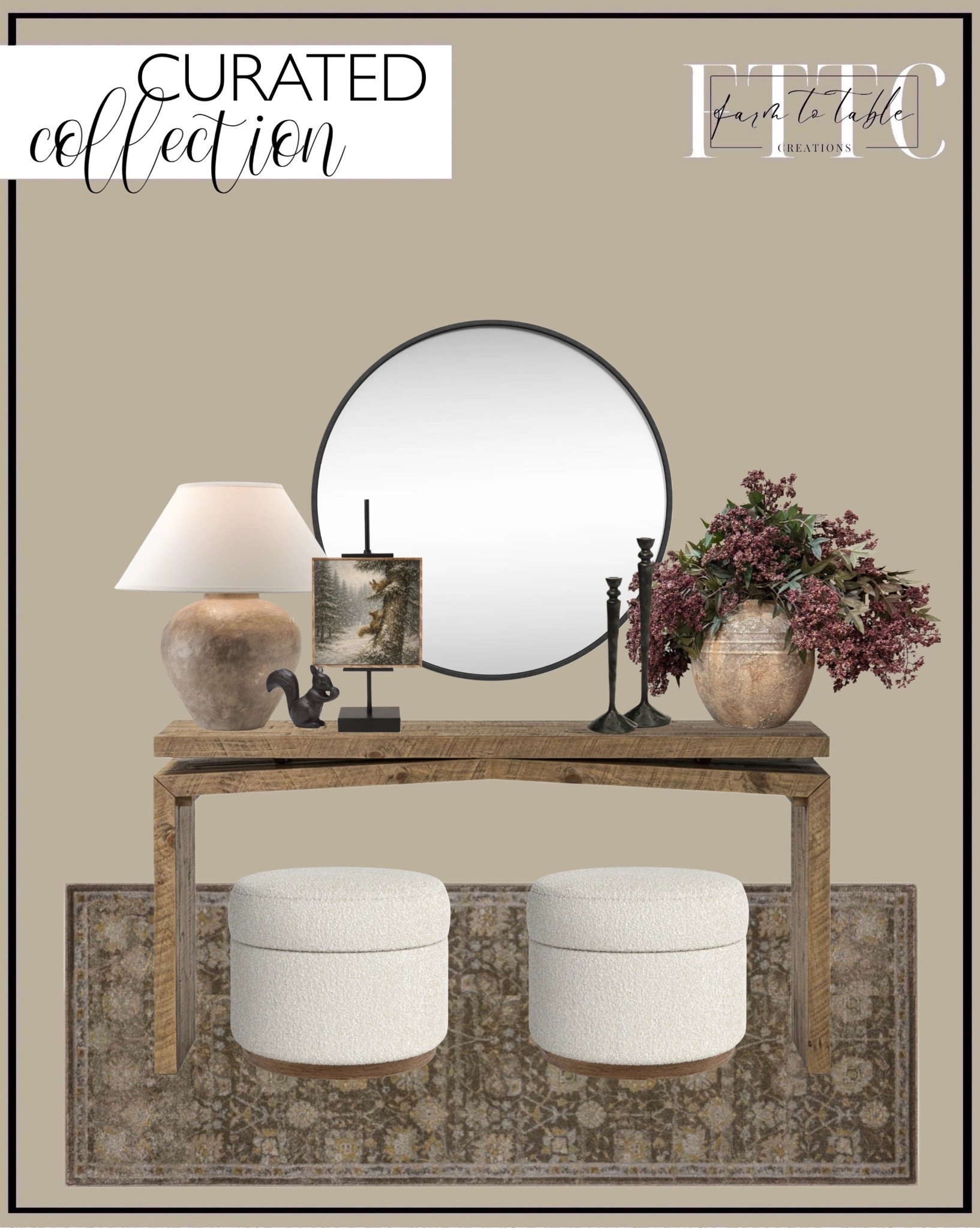 Modern Organic Console Table Styling

This entryway console setup blends warm wood tones with soft neutrals for a timeless, lived-in look. The wood console table anchors the space beautifully, styled with a round mirror, textured lamp, framed art, and sculptural accents for balance. Upholstered storage ottomans tucked underneath add function without clutter, while the vintage-inspired runner rug grounds everything and adds subtle pattern. A mix of Wayfair, Amazon & Etsy  favorites that work perfectly for entryways, hallways, or behind a sofa.

Use code FARMTOTABLE for 15% off artwork. I recommend a size 12x12 artwork and 5 stems in vase  

Follow @farmtotablecreations on Instagram for daily home inspiration and easy-to-shop finds 🤍

#consoletable #entrywaydecor #entrywayfurniture #roundmirror #tablelamp #ottoman #arearug #neutralhome #wayfairhome #amazonhome #livingroomfurniture

#LTKSaleAlert #LTKHome #LTKFindsUnder50