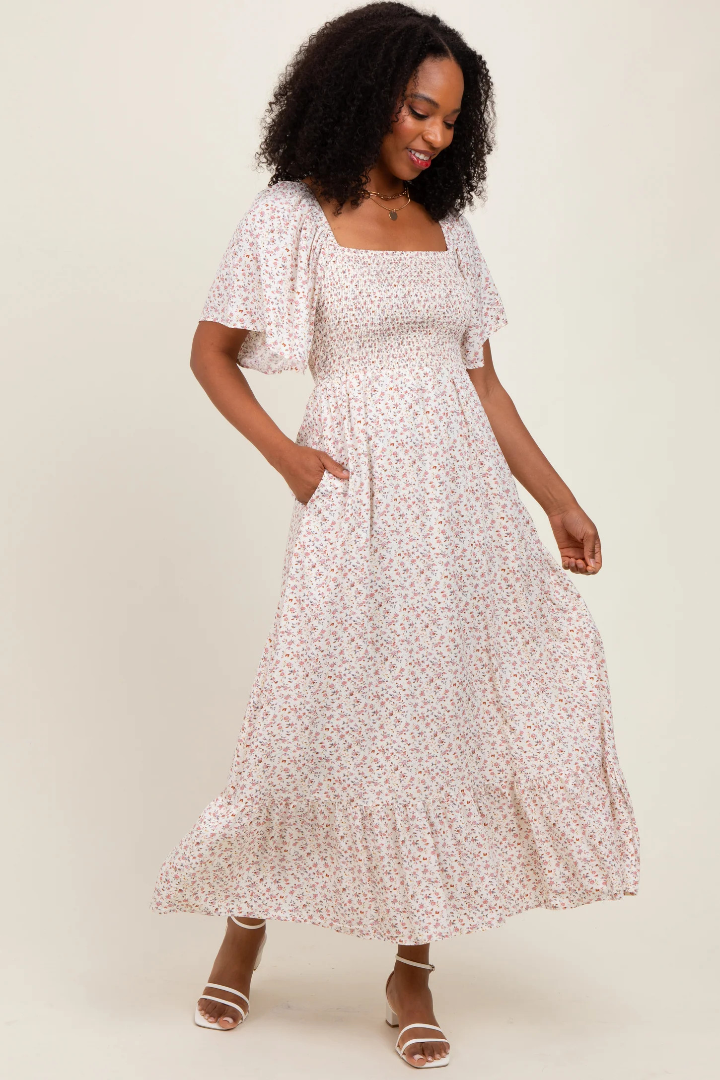 Cream Multi Ditsy Floral Smocked Midi Dress | PinkBlush Maternity