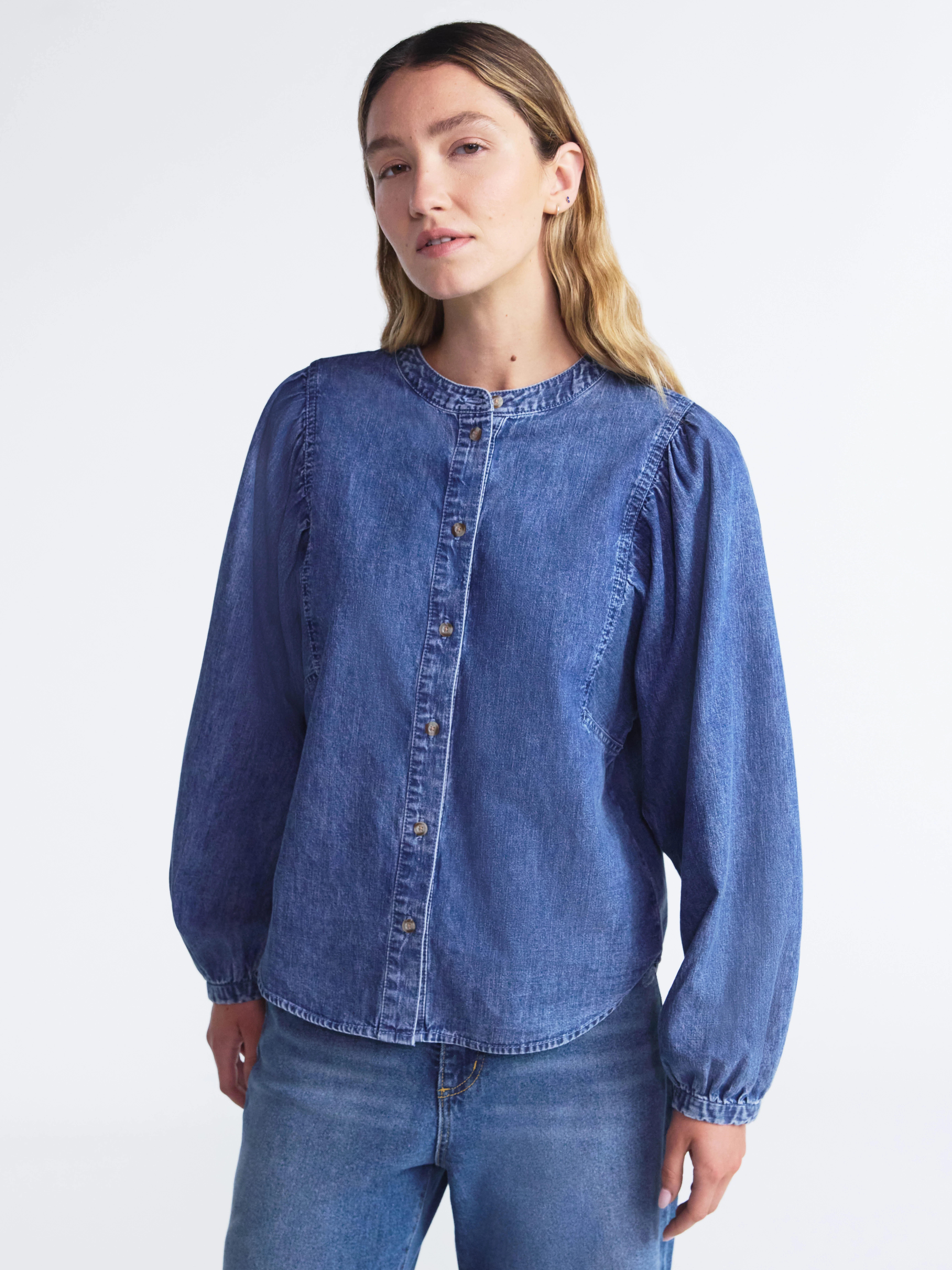 Scoop Women's Cotton Denim Shirt with Blouson Sleeves, Sizes XS-XXL - Walmart.com | Walmart (US)