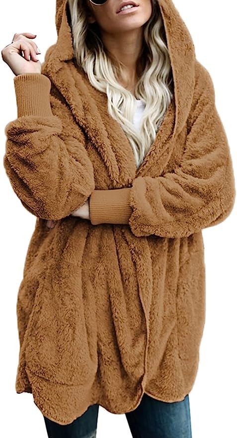 Dokotoo Womens 2022 Winter Long Sleeve Solid Fuzzy Fleece Open Front Hooded Cardigans Jacket Coat... | Amazon (US)