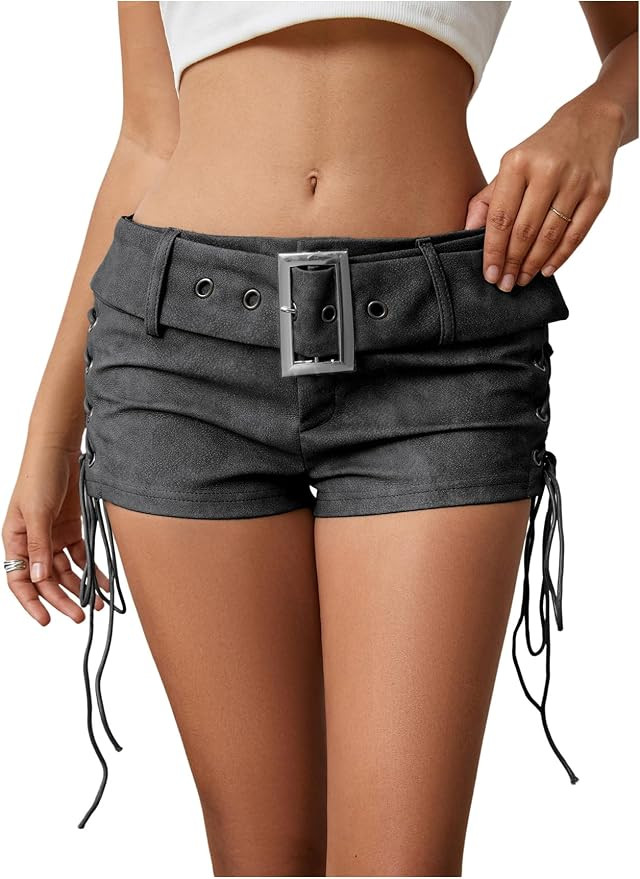 MakeMeChic Women's PU Leather Lace Up Ruched Tie Side Micro Shorts Low Waist Belted Festival Rave... | Amazon (US)