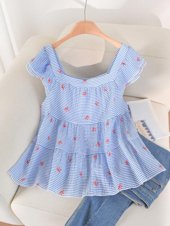 CosyJoli Plus Size Women's Casual Bowknot Striped Cap Sleeve Blouse, Summer | SHEIN